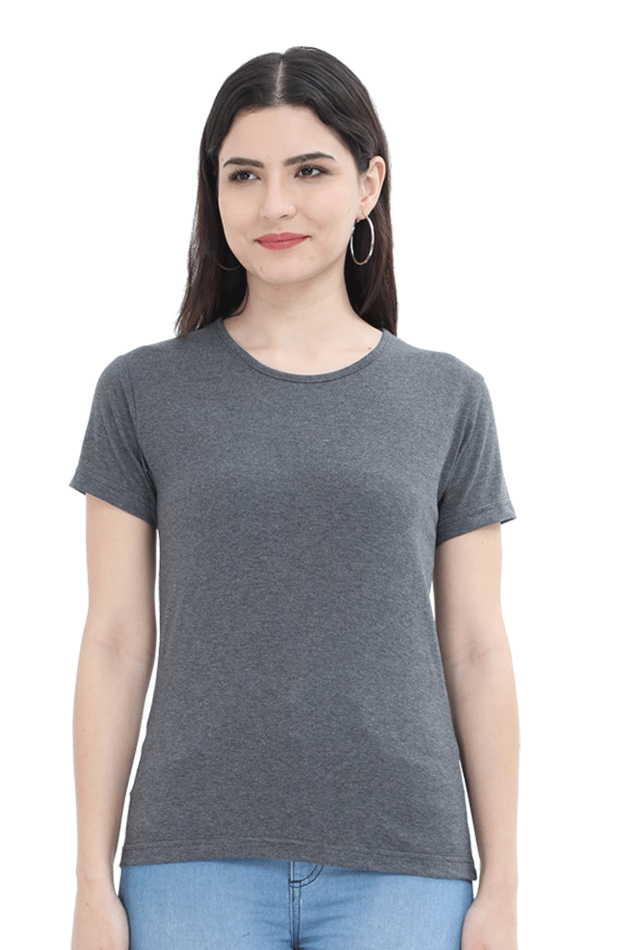 Solid Round Neck T-shirt for Women Charcoal Melange